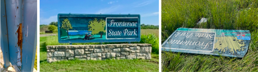 In the center is the original 2007 sign, which has rotted (left). At right, the “makeover” that blew off in 2023. / Photos by Jake Gaster