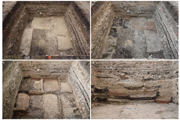 Four photographs from an archaeological excavation of cells of different colored clays and soils making up ancient floors.