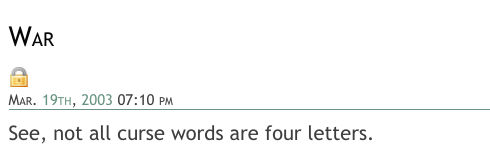partial screenshot of a journal entry with the subject heading "War" and the body text "See, not all curse words are four letters."