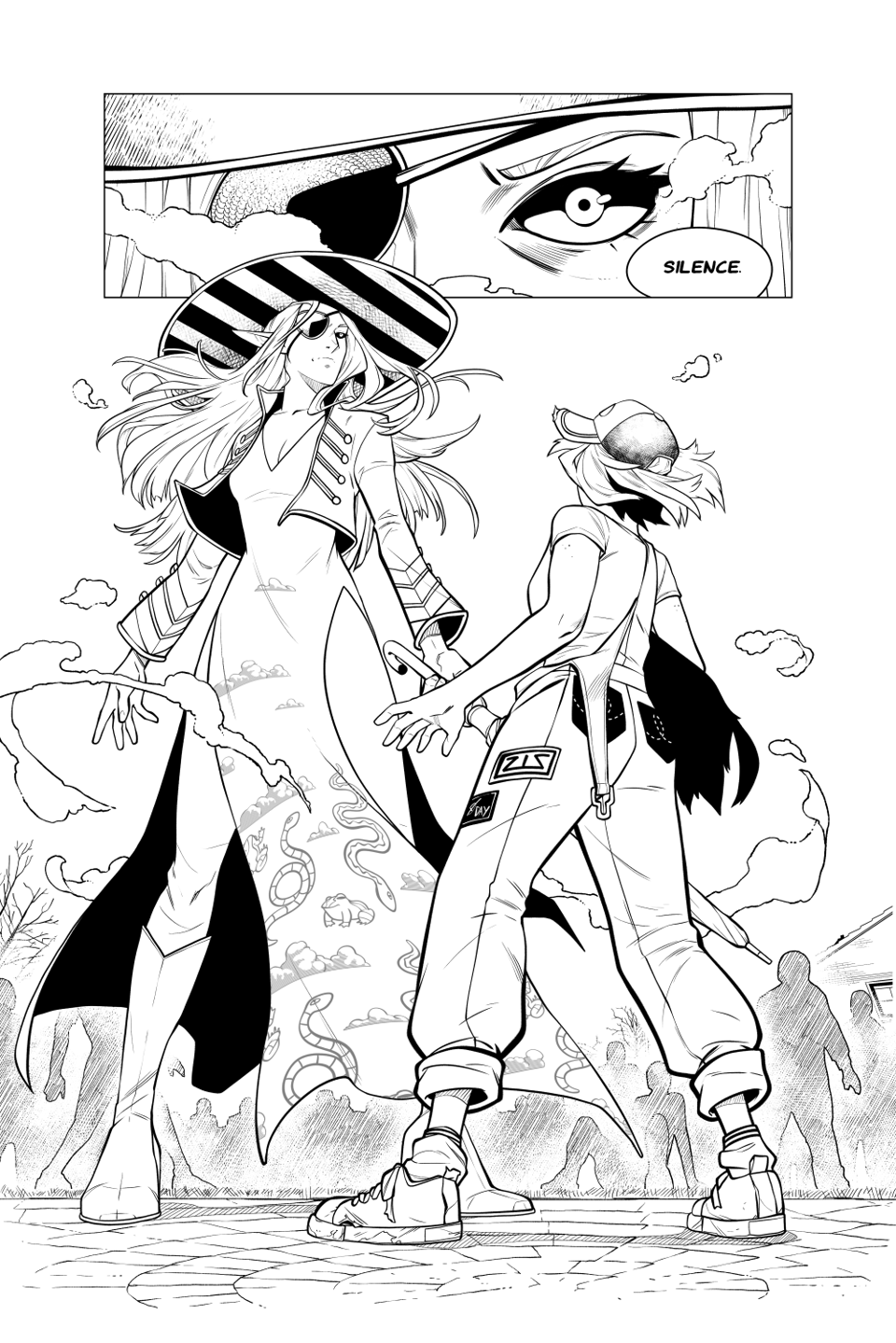 a black and white line art comic page showing the Witch of the West first appearing
