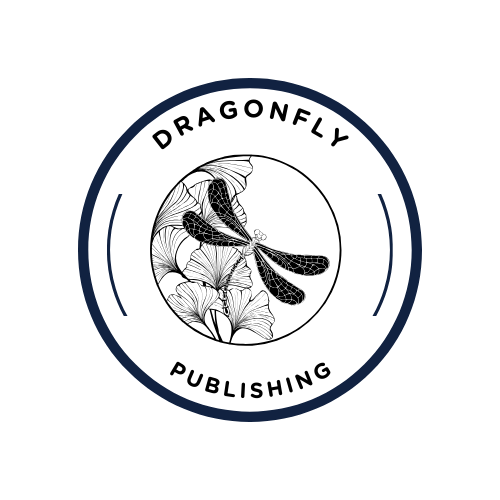 Circle logo with a dragonfly perched on flowers