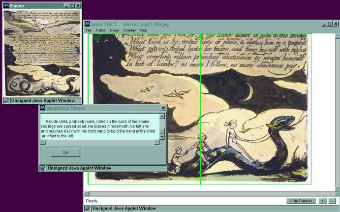 A page from a William Blake text, with his illustrations, has a green box over one section and a pop-up window in which there is descriptive text.