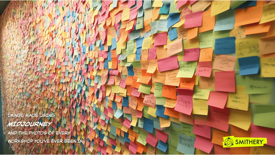a fabricated image of a wall of post-it notes made by Midjourney