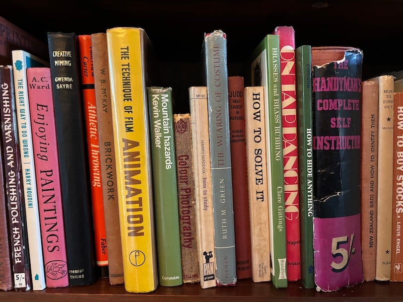 15 or 20 books on a shelf, titles like THE TECHNIQUE OF FILM ANIMATION or ON TAP DANCING or BRICKWORK