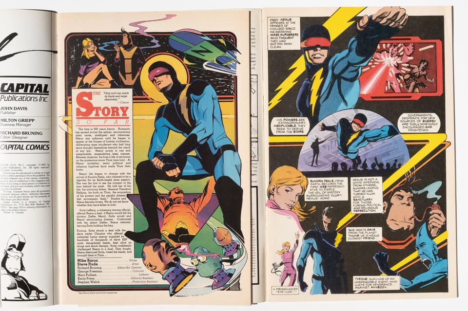 a recap page from Nexus V2 1 laid on top of Nexus V2 7 in order to compare and contrast styles. The earlier page is more of a text box with illustrations around it, whereas the later page is organized into tiers and along diagonals. The recap is done through caption boxes paired with drawings