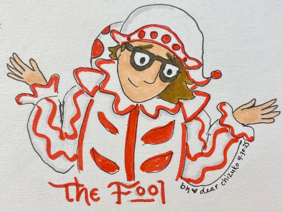 Hand drawn image in a simple style using pen and markers of a self-portrait of the author with the Punch/Fool costume from the 1973 film The Wicker Man.