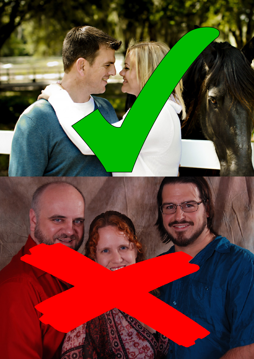 a stock image of two white people, a man and a woman, smiling in front of a white fence with a horse behind them and a big green check superimposed over them; a stock image of three white people, two men and a woman, standing closely as if both men are in an intimate relationship with the woman, with a big red X superimposed over them