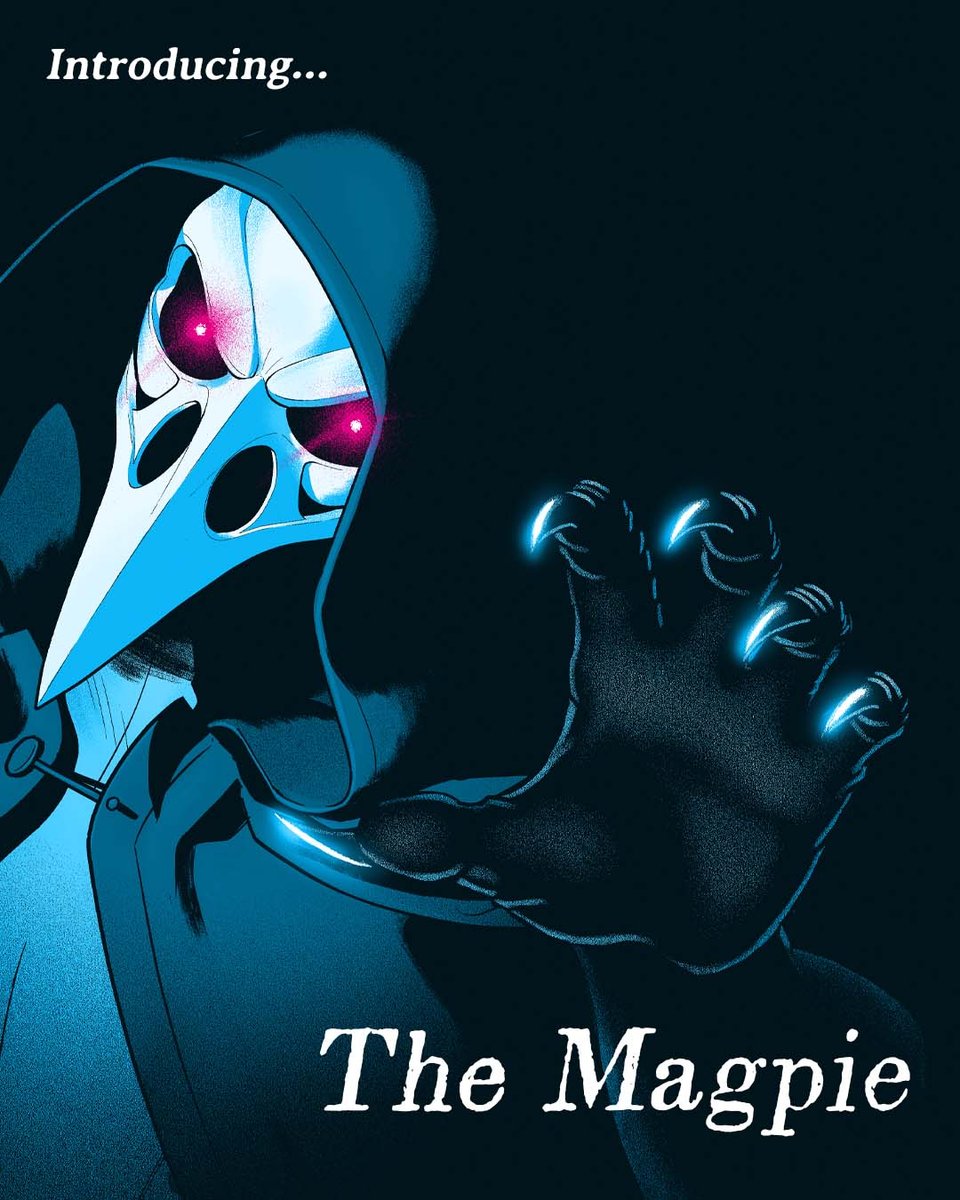 An image of ONE FOR SORROW character the Magpie. It's a hooded figure wearing a black cape, with a face shaped like a bird skull, emerging from a black background. Its eyes glow magenta from the hollows of its eye sockets. It is reaching a clawed hand towards the viewer.