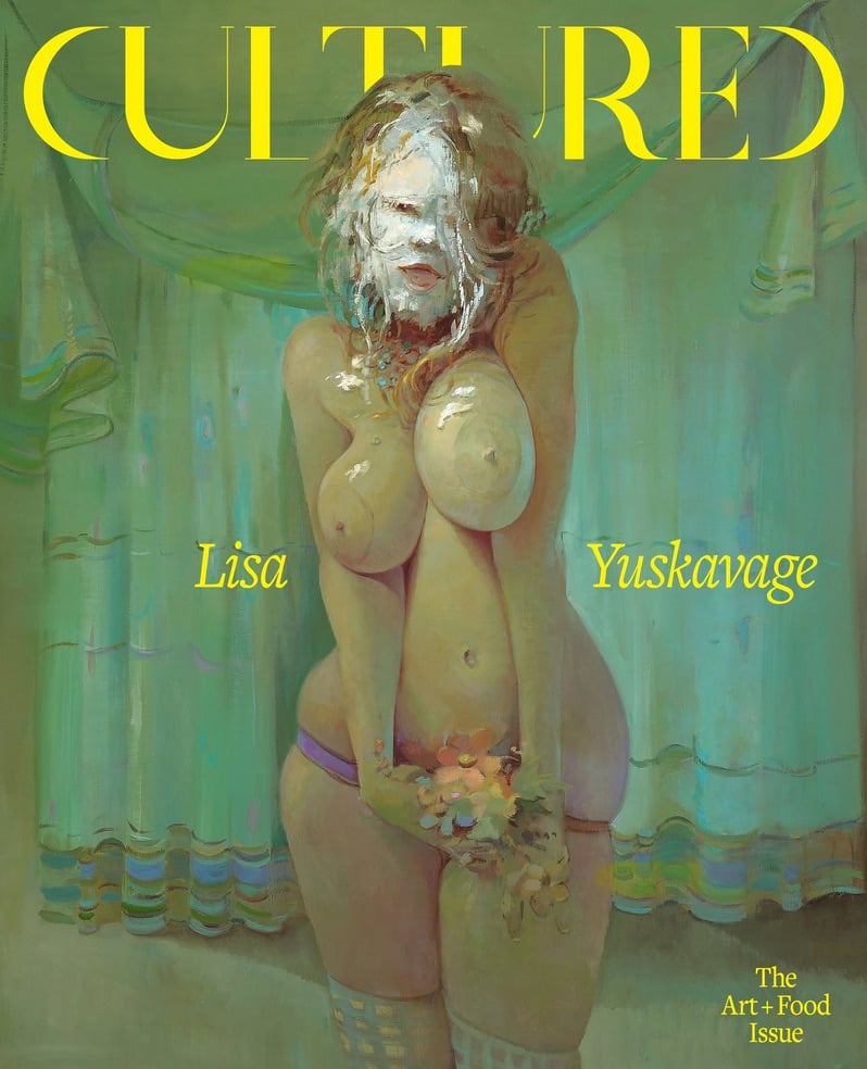 A painting by Lisa Yuskavage showing a young woman, nude except for thigh-high stockings and underwear. She clutches a bouquet, standing in front of a celadon green gauzy curtain. It is the cover of Cultured Magazine's summer art & food issue