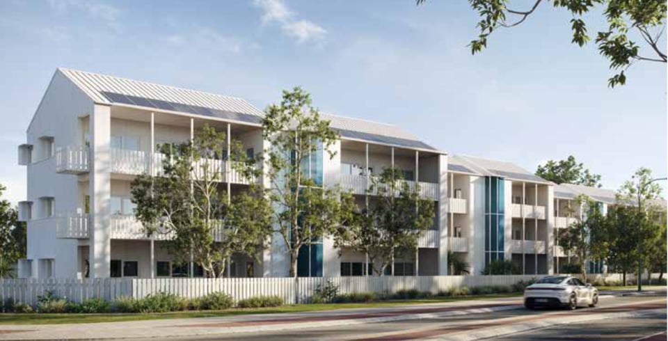 Architect's image of the development, showing three-story connected apartment blocks with several trees around them