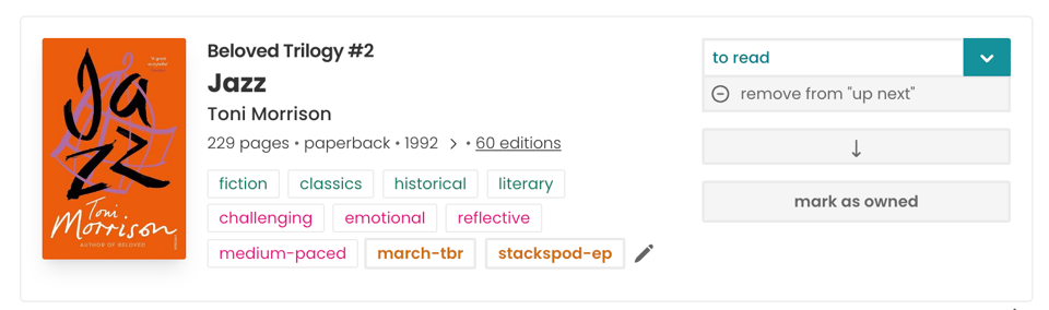 Book pane for Jazz displaying:
Book cover and metadata (229 pages, paperback, 1992)
Mood and genre tags (fiction, classics, emotional, reflective, etc.)
Shelf status dropdown (“to read”)
Option to mark the book as owned
User-added tags