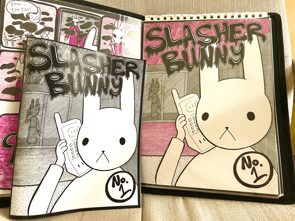 photo of Slasher Bunny (the zine) next to the original cover artwork
