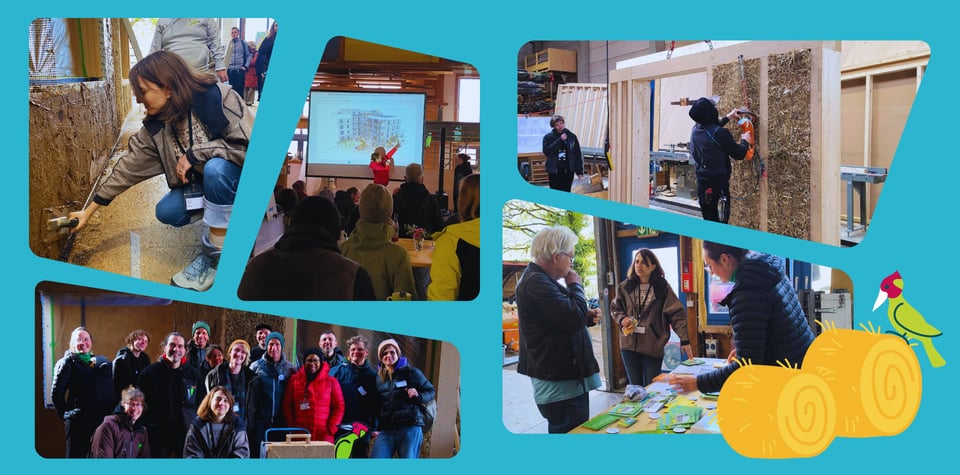 Verschiedene Fotos von der Werksbesichtigung, z.B. Menschen beim Verputzen mit Lehn, rasieren der Strohwand, am Infotisch und beim Vertrag unserer Architektin.