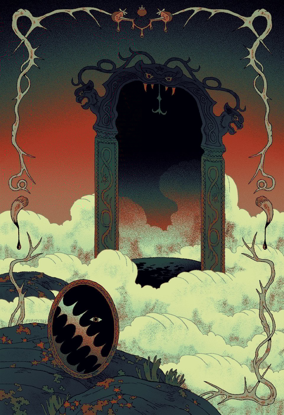 an archway crowned with three horned beasts rises from billowing clouds in a red sky, the space within it darkened. a twisting, thorny border frames the piece, and in the lower left corner an oval mirror hangs over island-like rocks, one eye visible through gleaming darkness.