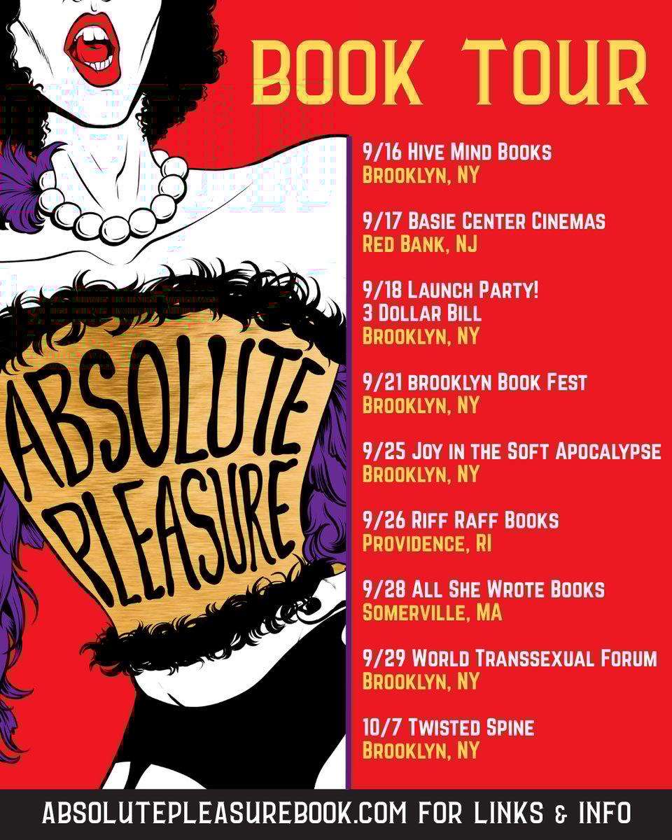 An illustration of a Frank-N-Furter-like figure in a gold corset with purple feather boa against a red background with BOOK TOUR at the top of the page. Screen readable information about the events can be seen at the link, AbsolutePleasureBook.com