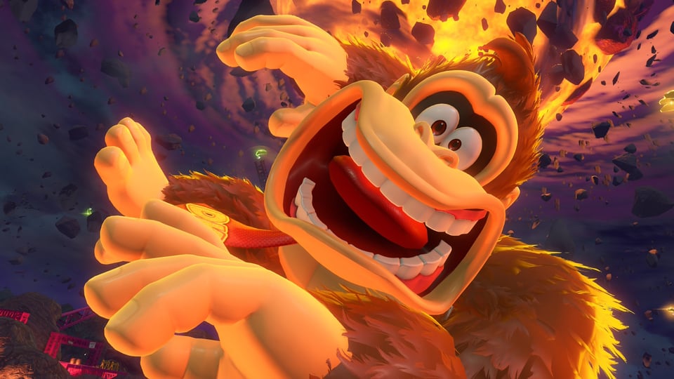 a capture from Donkey Kong: Bananza of DK panicking while caught in a windstorm.