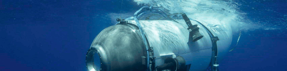 The doomed but intact OceanGate submersible floats just beneath the surface of the Atlantic ocean. 