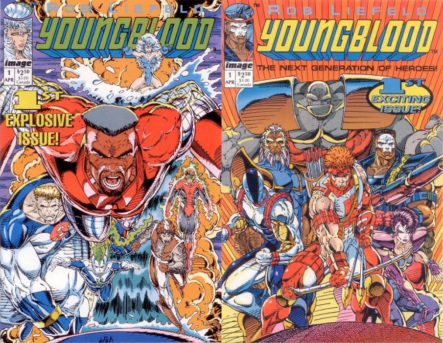 Side-by-side alternate covers for Youngblood #1. The characters are all muscular and their bodies are largely contorted into strange poses. The cover on the left has a caption reading 1ST EXPLOSIVE ISSUE! On the right, a subtitle reads THE NEXT GENERATION OF HEROES! and a caption reads 1ST EXCITING ISSUE!