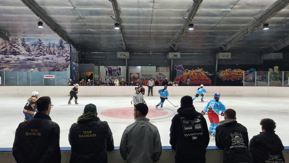 Six dudes watching the action outside the rink