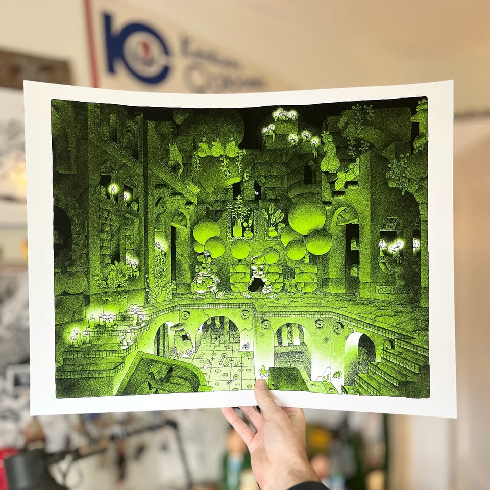 a picture of a print. the print is an illustration of two kids wandering around an ethereally lit memorial garden ruin. 
