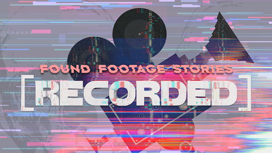 Found Footage Stories: [Recorded]. THe background has an old school video camera and the entire image has a scratched-out/burned film effect
