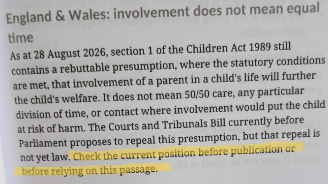 A photograph of the bottom of a page. Digitally highlighted, the last line reads "Check the current position before publication or before relying on this passage."