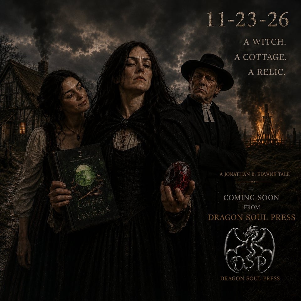 Curses and Crystals anthology teaser - A witch, a cottage, a relic - Dragon Soul Press - November 23 2026