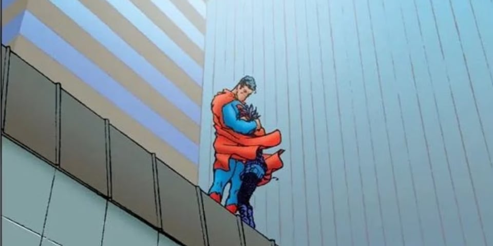 Superman hugging Regan on top of a building, from All Star Superman