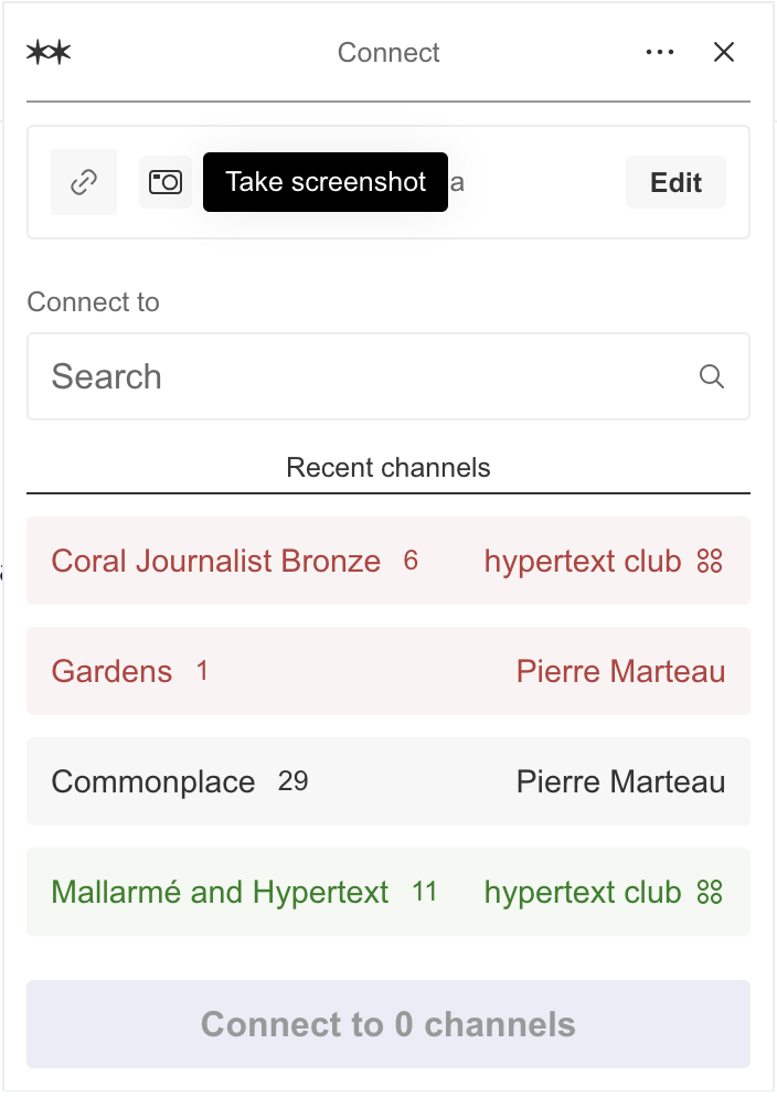 A screen showing channels you can connect a block to.