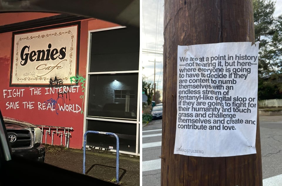 on the left, graffiti that reads, "fight the internet, save the real world" outside Genie's Cafe in Portland. on the right, a piece of paper taped to a telephone pole asking people if they will numb themselves with their phones or engage with the world