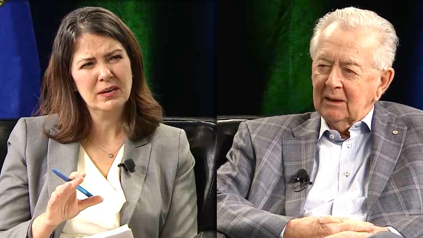 Alberta Premier Danielle Smith and former Reform Party leader Preston Manning were photoshopped together here, but even she seems incredulous over what Manning is going on about now.