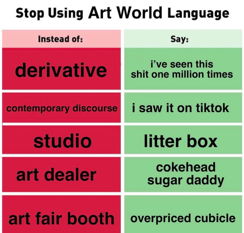 a meme about art world language. instead of saying "derivative", say "I've seen this shit one million times"