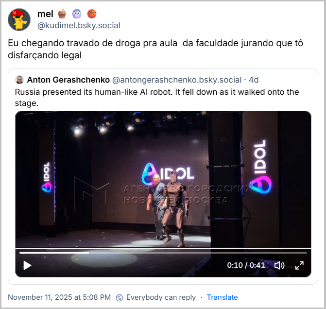 Citação do mel 🍯 🥶 🏀 (@kudimel.bsky.social) ao post do Anton, com o texto: Eu chegando travado de droga pra aula da faculdade jurando que tô disfarçando legal