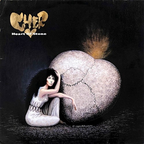A painting of Cher sitting next to a large heart-shaped stone. Cher is wearing a white dress that is cinched at the waist, creating a number of folds. The stone heart has a series of cracks running through it. With the way everything is arranged, it creates the image of a skull: the stone heart is the head part of the skull, Cher's face makes the eye, and the cinched folds of her dress make the teeth.