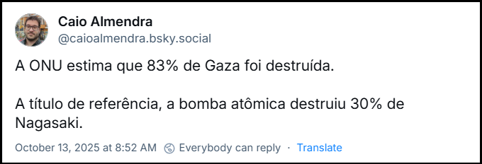 Post de Caio Almendra (‪@caioalmendra.bsky.social‬) com o texto: A ONU estima que 83% de Gaza foi destruída. A título de referência, a bomba atômica destruiu 30% de Nagasaki.