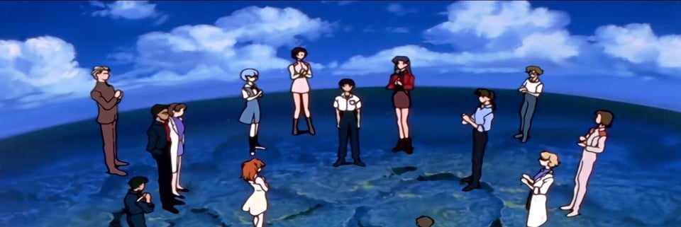 a screencap from the finale of Neon Genesis Evangelion. All the characters gather around shinji and applaud