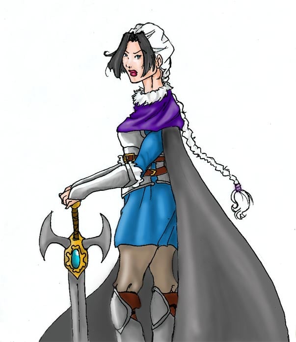 A digital drawing of a young woman with black bangs and white braid in Ye Olde Style fantasy armor and a cape with a giant sword