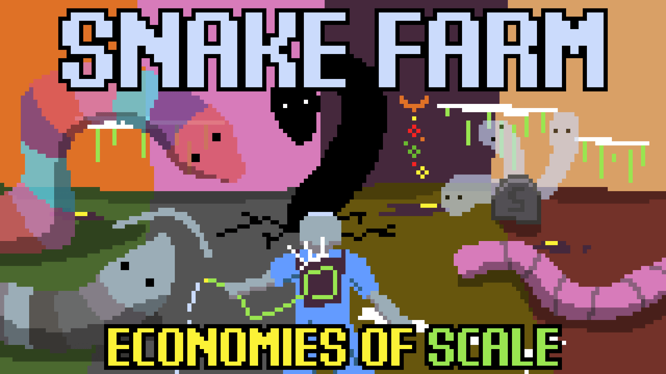 Economies of Scale promo image. The oil drone faces down a giant worm, a bunch of ghosts, and a giant gummy worm.