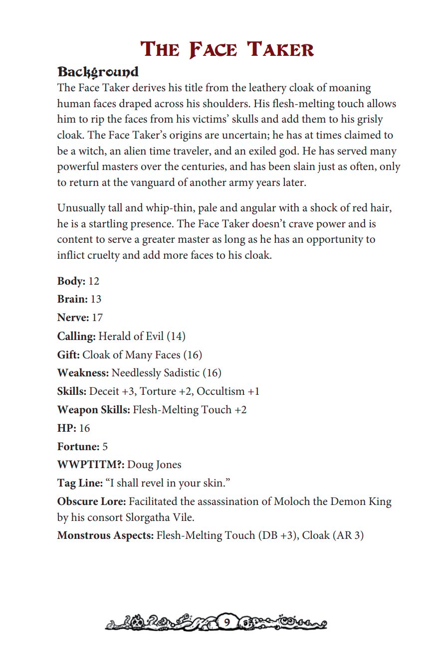 Page 9 of Vault of Villainy. The text description of the Face Taker.