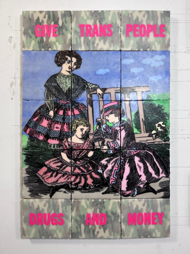 Painting of three weird Victorian children playing with a puppet. Pink text above and below that says GIVE TRANS PEOPLE DRUGS AND MONEY.