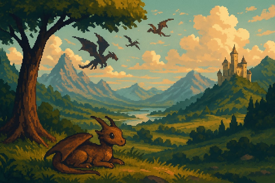 A pixel art landscape shows a small brown dragon, Kirin, resting peacefully under a large tree in the foreground. Rolling green hills stretch into the distance, leading to towering blue mountains and a golden castle perched on a hilltop to the right. In the sky, several dragons fly against a backdrop of fluffy clouds and warm sunlight. The scene is calm and magical, capturing the tranquil beauty of the world of Tharnelune.