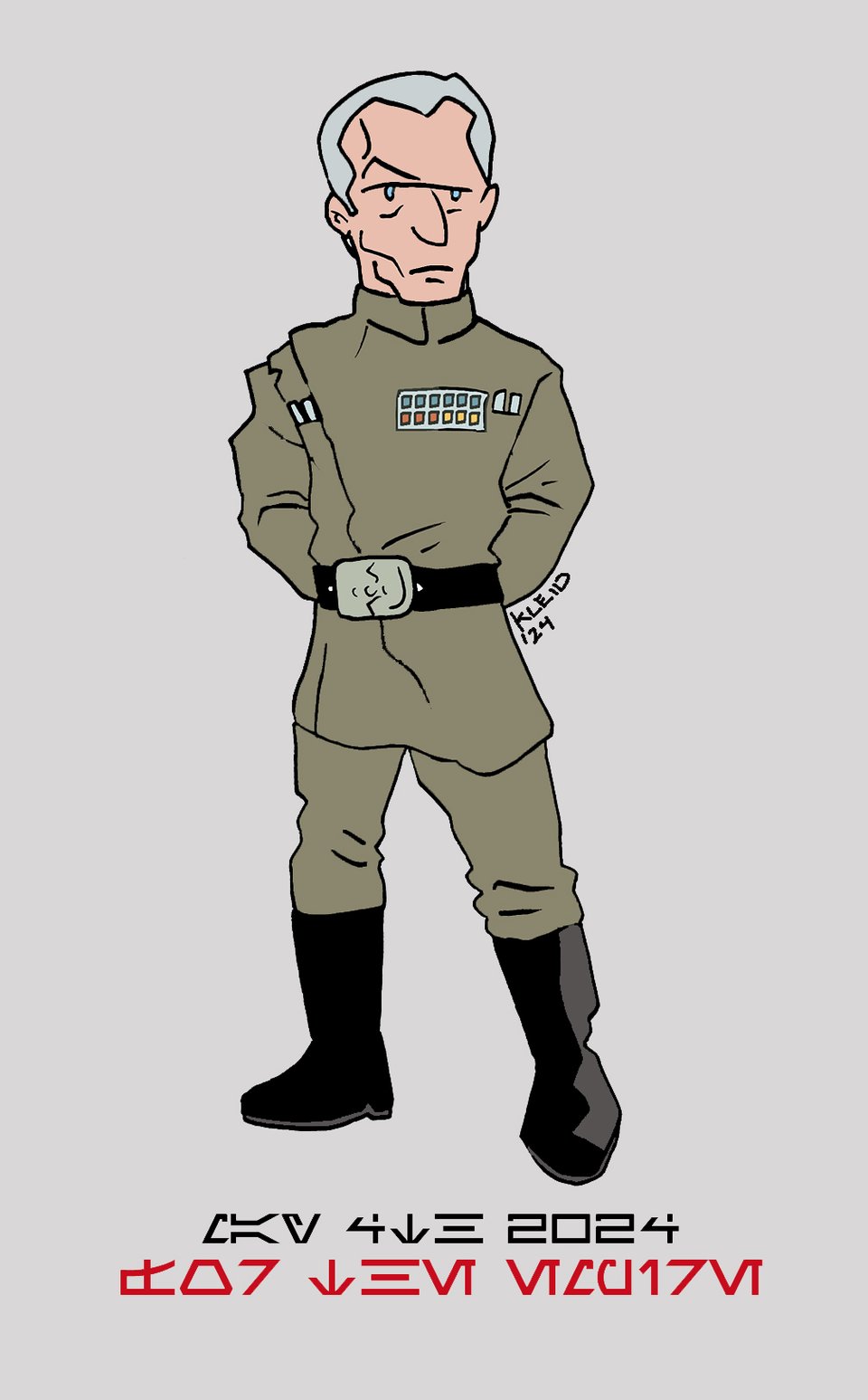 a star wars drawing by neil kleid in color of grand moff tarkin from star wars a new hope and there are words that say may 4 2024 and for the empire in aurebesh font in black and red