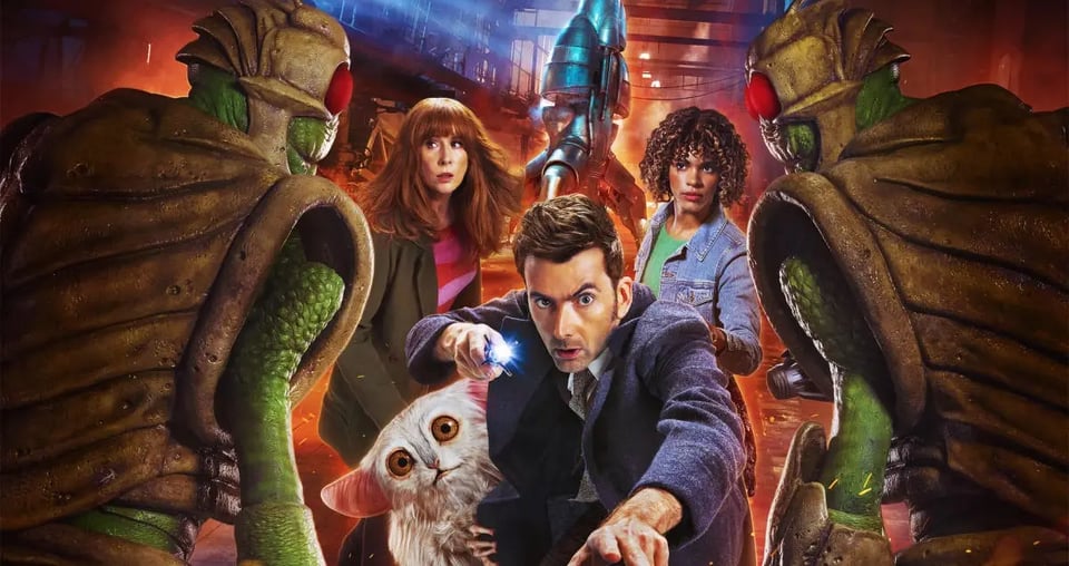 Promotional poster for The Star Beast, featuring The Fourteenth Doctor, Donna and Rose Noble, The Meep, and a pair of Wraith Warriors, against the backdrop of The Meep's rocket.