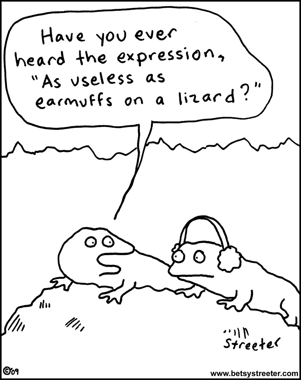 Cartoon about earmuffs on a lizard