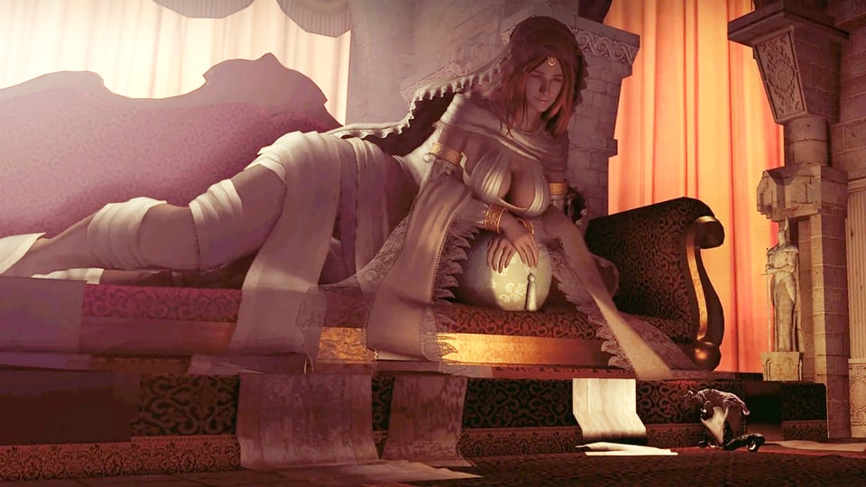 Screenshot from Dark Souls, featuring a gigantic woman in robes reclining on a gigantic couch in a gigantic temple. A normal-sized knight kneels before her for a sense of scale.
