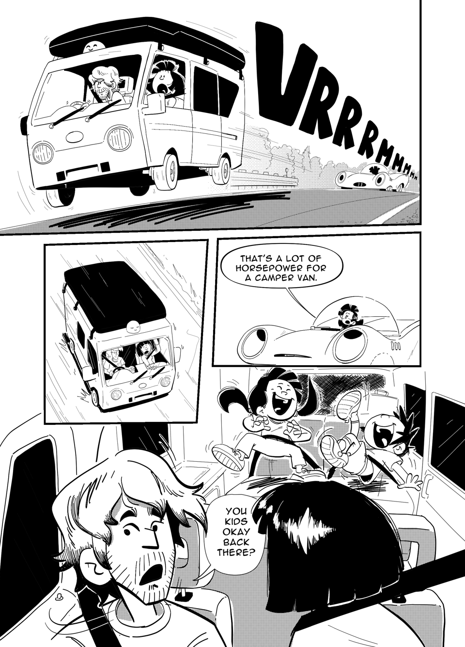 Worldracers Japan pg 4, Panel 1, The camper van zooms past Racecar, 