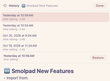 MacOS shot of the note history