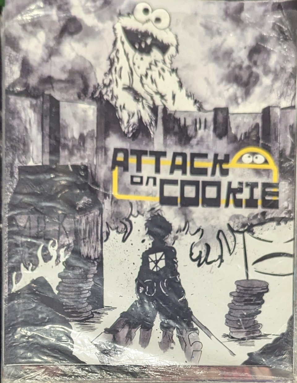 A spoof of an Attack on Titan book cover, but with Sesame Street's Cookie Monster attacking instead.