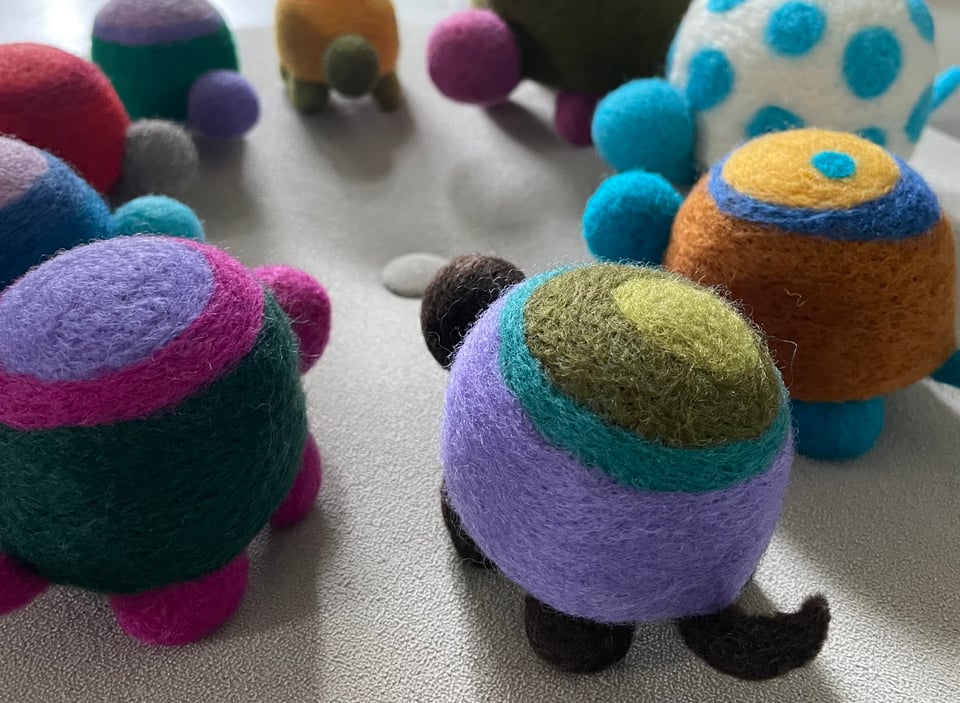 Mary Pow's hand-crafted needle-felted turtles