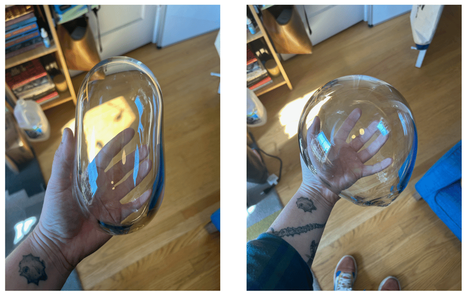 two images side by side, each showing me holding a glass orb